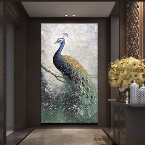 Vertical Large Abstract Oil Painting Blue Peacock Artwork for Hallway