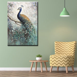 Elegant Blue Long Tail Peacock Resting on Branch Peacock Wall Art