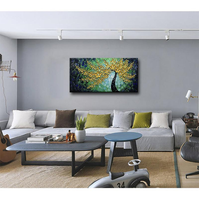 Gold Petals Dark Green Texture Large Wall Painting for Living Room