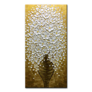 White Petals Yellow Pistil Brown Vase Vertical Wall Painting for Sale
