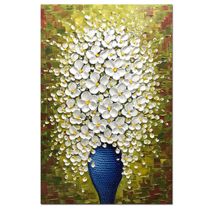 Handmade Original 3D White Flower in Blue Vase Vertical Oil Paintings