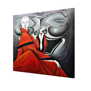 Japanese Woman Oil Paintings on Canvas Red and Gray Modern Abstract Artwork