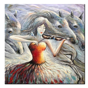 Violin Girl Oil Paintings Red Gray Modern Abstract Horse Artwork