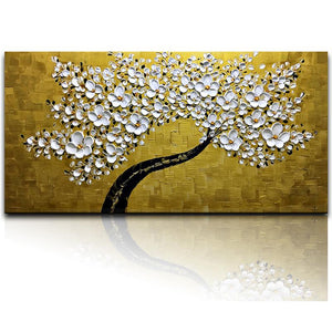 White Petals Black Trunk Gold Texture Kitchen Canvas Wall Art