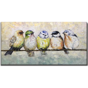 Hand Painted Canvas Five Fat Birds Rest on Branch Talk with Each Other