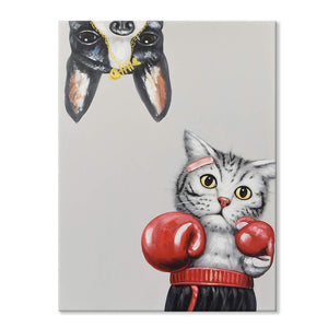 Original Canvas Wall Art Cat with Boxing Sleeve Dog  Decor Living Room
