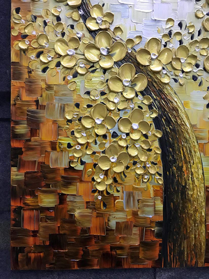 Floral Oil Painting Gold Petals Vertical Flower Tree Canvas Art for Wall