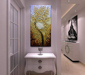 Floral Oil Painting Gold Petals Vertical Flower Tree Canvas Art for Wall