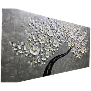White Petals Gray Background Oversized Hand Painted Grey Wall Art