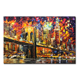 Colorful 3D Knife Painting Modern City Viaduct Riverside Scenery Wall Art