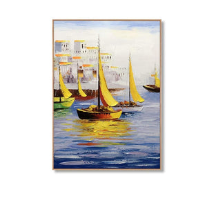 Large Artwork for Living Room Handcrafted Acrylic Canvas Painting Boat Docked at the Port