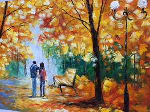 Large Inexpensive Wall Art Couple Walk in Fall Park Handmade Canvas Painting