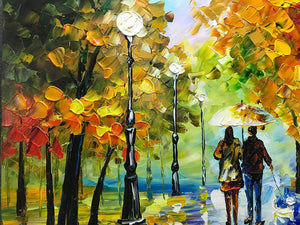 Long Canvas Painting Fall Rainy Day Lover Go for a Walk with Little Dog
