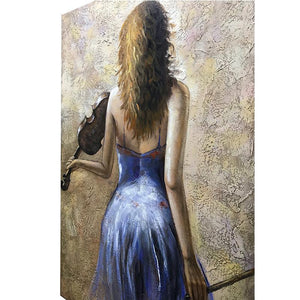 Elegant Violin Blue Dress Girl's Back Original Wall Art