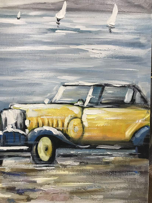 Wrapped Canvas Art Yellow Car Drives Seaside Handmade Painting