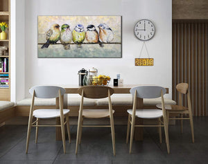 Hand Painted Canvas Five Fat Birds Rest on Branch Talk with Each Other
