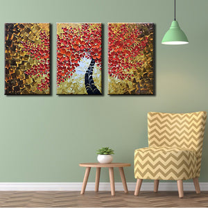 3 Pieces Large Handmade Red Floral Painting Artwork for Living Room