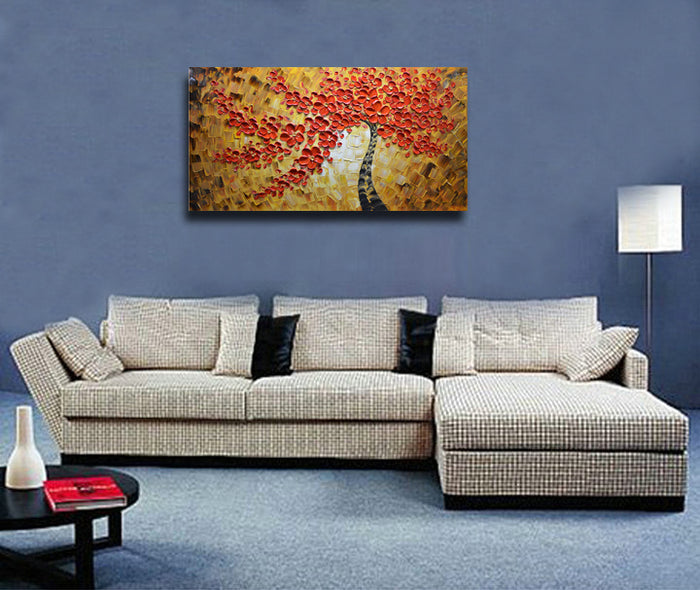 Red Flower Oil Paintings Black Trunk Yellow Texture for Living Room