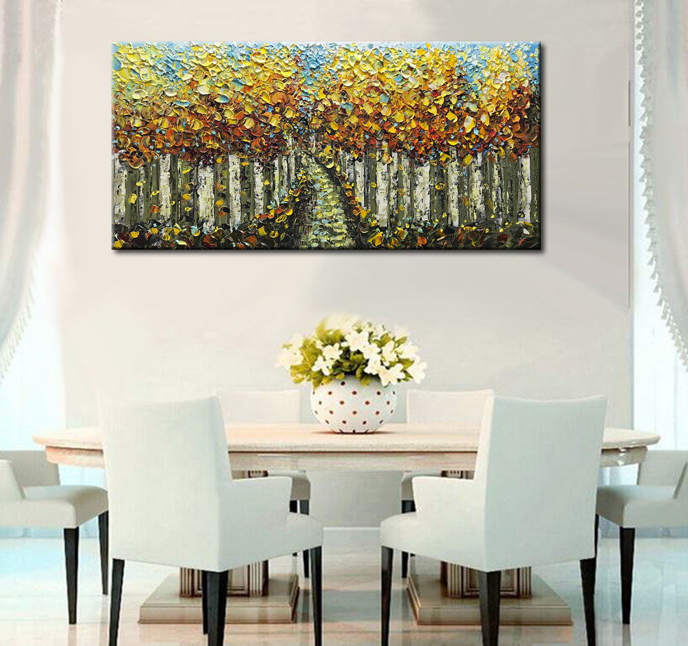 AsdamArt Handpainted oil paintings Yellow Birch Tree Abstract Painting(New year 10%discount)