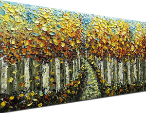 Hand Painted Canvas Art Autumn Cypress Forest Yellow Leaves
