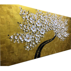 White Petals Black Trunk Gold Texture Kitchen Canvas Wall Art