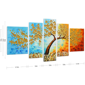 Large Canvas Painting Five Pieces Gold Flower Tree Hand Painted Knife Painting
