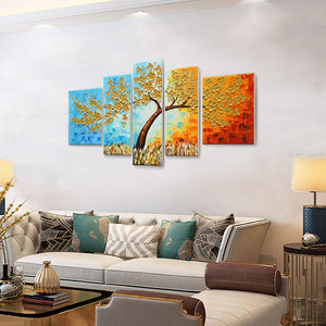 Large Canvas Painting Five Pieces Gold Flower Tree Hand Painted Knife Painting