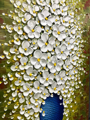 Handmade Original 3D White Flower in Blue Vase Vertical Oil Paintings