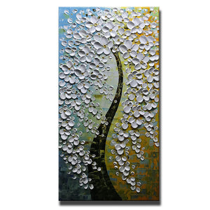 Abstract Flower Tree Oil Painting White Petals Black Trunks for Hallway
