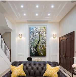 Abstract Flower Tree Oil Painting White Petals Black Trunks for Hallway