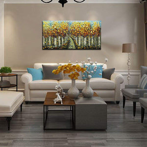 Hand Painted Canvas Art Autumn Cypress Forest Yellow Leaves