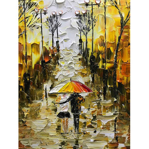 Abstract Wall Paintings Rainy Lovers Walking in Fall Street