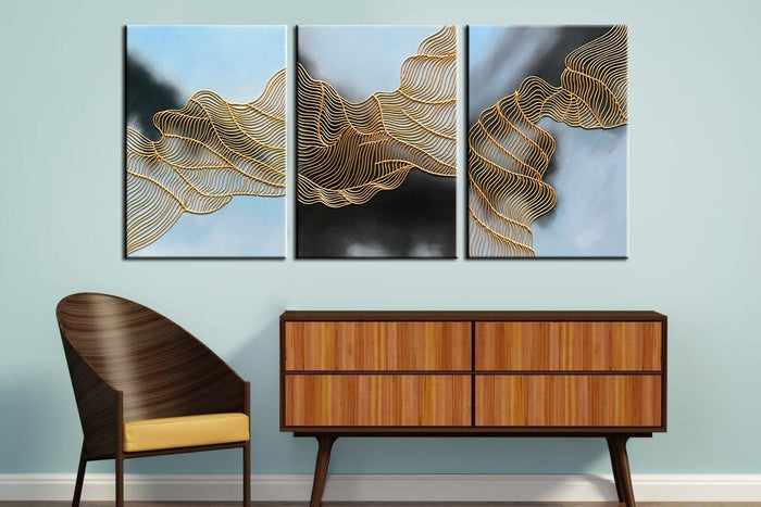 Abstract 3 Piece Canvas Art Irregular Gold Line Decor Living Room