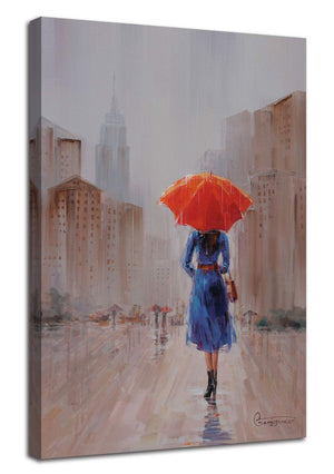 Abstract Palette Knife Painting Rainy Romantic City Scene Lady with Umbrella