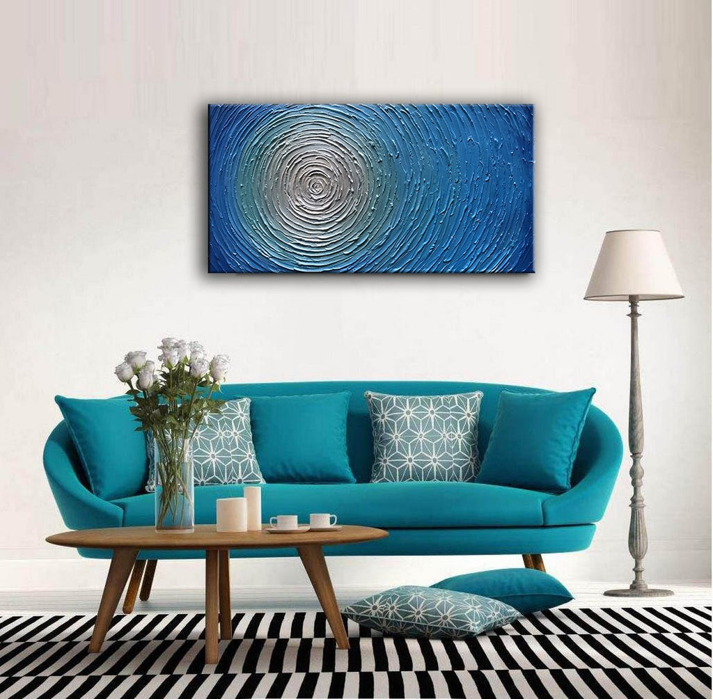 Extra Large Artwork Blue to White Circle Canvas Painting Gift Housewarming