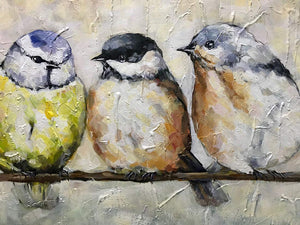 Hand Painted Canvas Five Fat Birds Rest on Branch Talk with Each Other