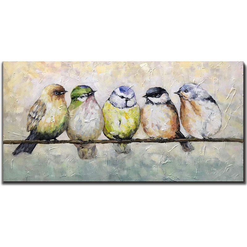 Hand Painted Canvas Five Fat Birds Rest on Branch Talk with Each Other ...