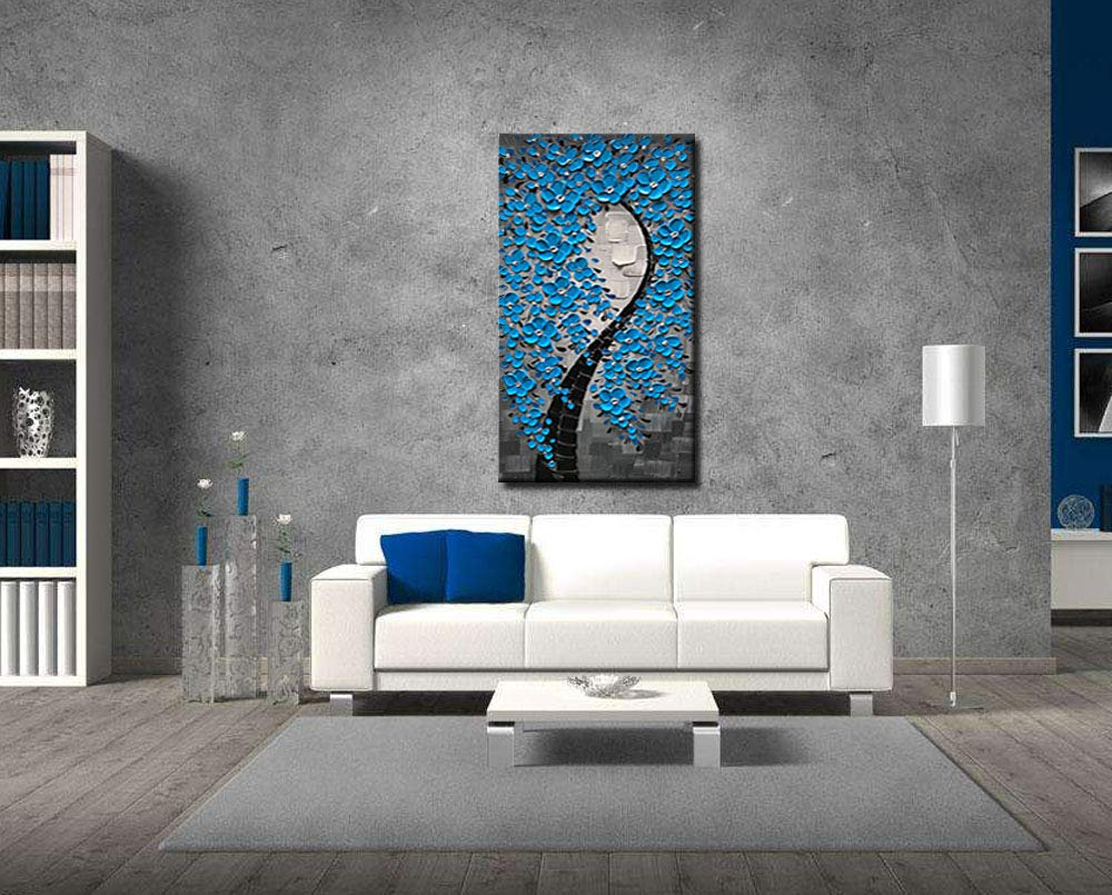 Blue Canvas Art Grey Background Vertical Flower Tree for Hallway