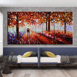 Canvas on Wall Maple Forest Lovers Walking in the Rain Oil Paintings