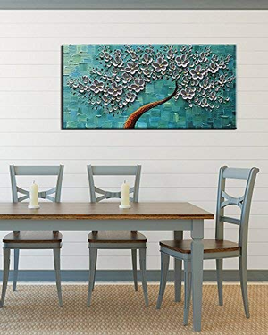 Canvas Painting Wall Decor Light Grey Petals Blue Background Flower Tree