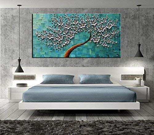 Canvas Painting Wall Decor Light Grey Petals Blue Background Flower Tree
