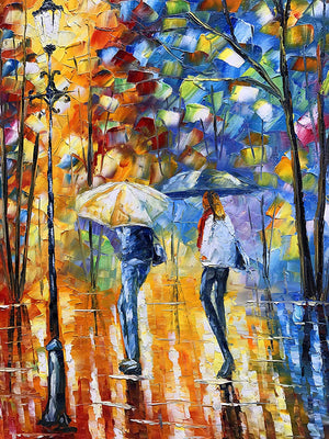 Colorful Paintings on Canvas Friends Free Walk in Night Rainy Park 100% Handcrafted Art
