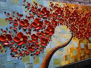 Contemporary Wall Art Red Flower Wealth Tree No Fade for 10 Years