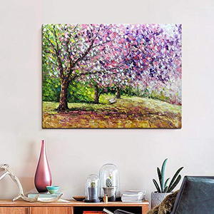 Contemporary Flower Paintings Pink Cherry Tree Handcrafted Canvas Artwork
