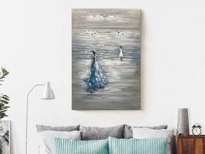 Decorative Canvas Beautiful Woman Blue Dress Walks towards Sea Perfect as Gift