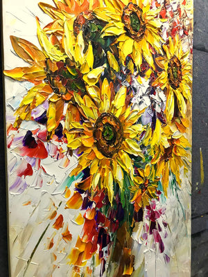 Extra Large Painting Canvas Yellow Sunflower Bouquet Acrylic Knife Painting
