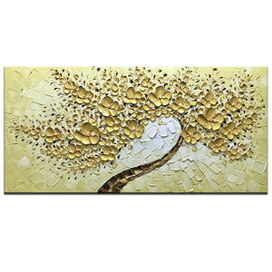 Hand Painted Gold Petals Brown Trunk Light Flower Canvas Painting