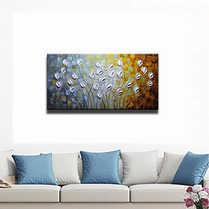 Abstract White Petals Flower Painting Decor Bedroom and Fireplace