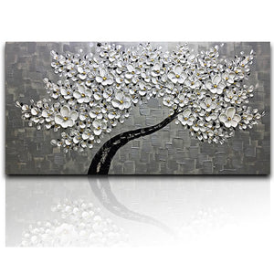 White Petals Gray Background Oversized Hand Painted Grey Wall Art