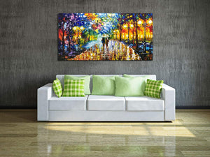 Hand Painted Canvas Wall Art Walking in Rainy Night Warm Color Street Lamp